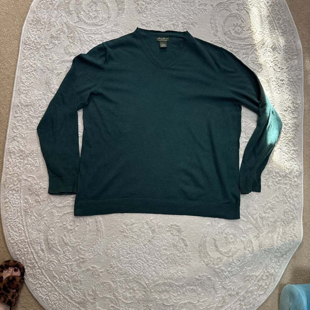 Eddie Bauer Men's Forest Green V-Neck Sweater - Cotton Cashmere‎ Blend